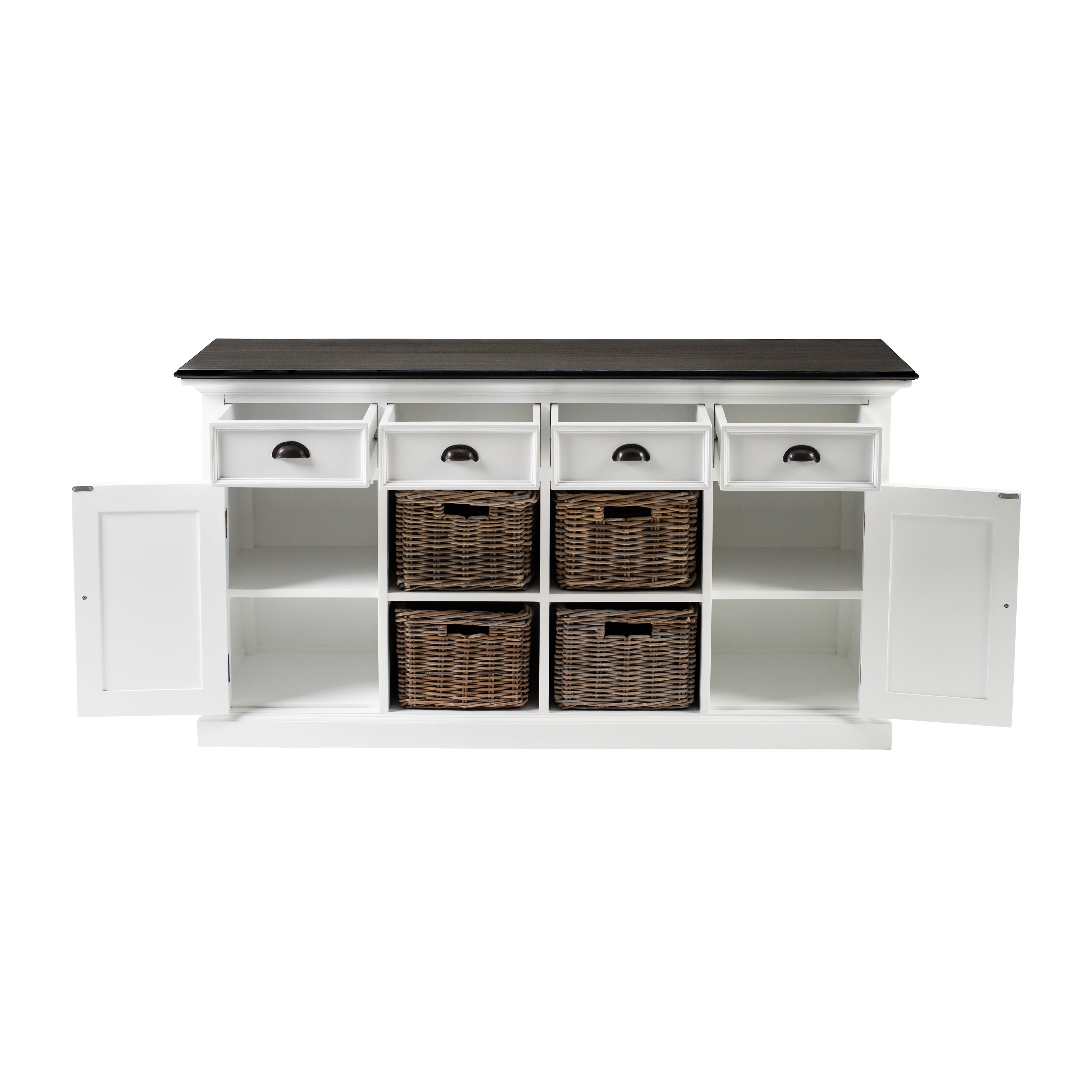Front view of the Halifax Contrast Buffet with open drawers, open doors, four rattan baskets and a contrast black timber top.