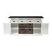 Front view of the Halifax Contrast Buffet with open drawers, open doors, four rattan baskets and a contrast black timber top.