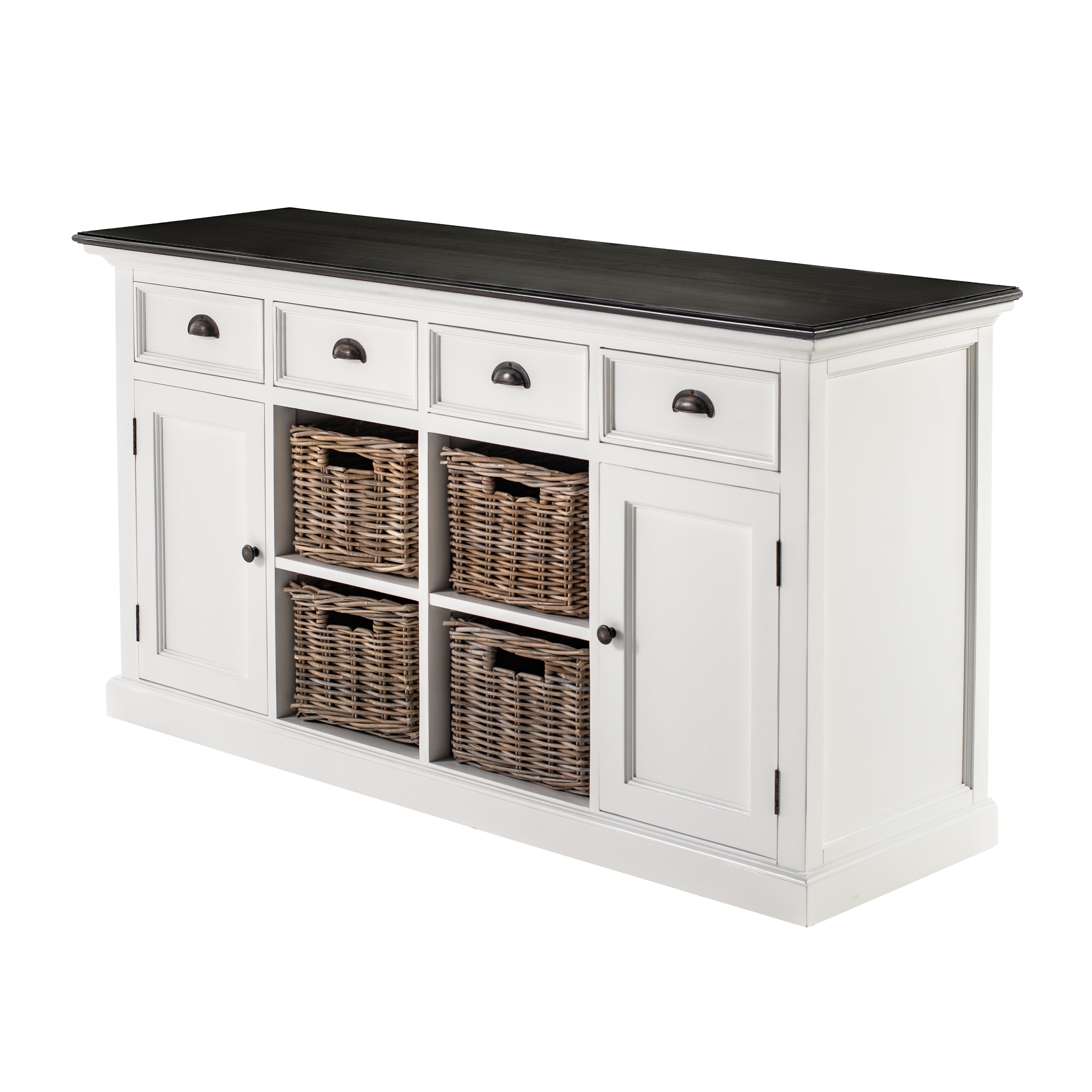 Angled product view of the Halifax Contrast Buffet showing four drawers, side doors, rattan baskets and contrast black top.