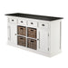 Angled product view of the Halifax Contrast Buffet showing four drawers, side doors, rattan baskets and contrast black top.