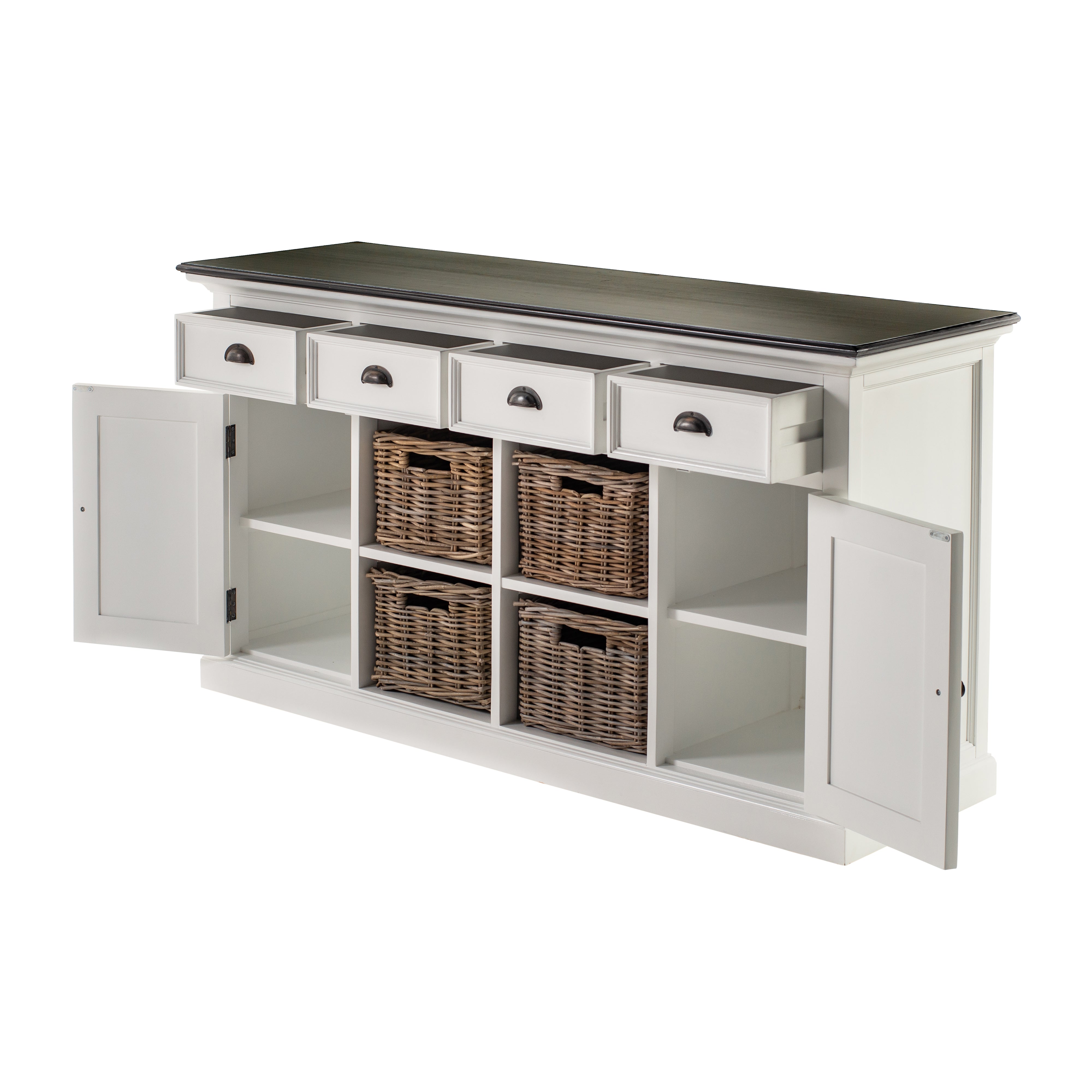 Front view of the Halifax Contrast Buffet with two doors, four drawers, four rattan baskets and a black timber top.