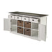 Front view of the Halifax Contrast Buffet with two doors, four drawers, four rattan baskets and a black timber top.
