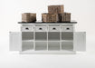 Side detail of the Halifax Contrast Buffet showing rattan baskets, open shelving and dark metal hardware.