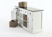 Close-up of the black timber top, white drawer fronts and rattan baskets on the Halifax Contrast Buffet.