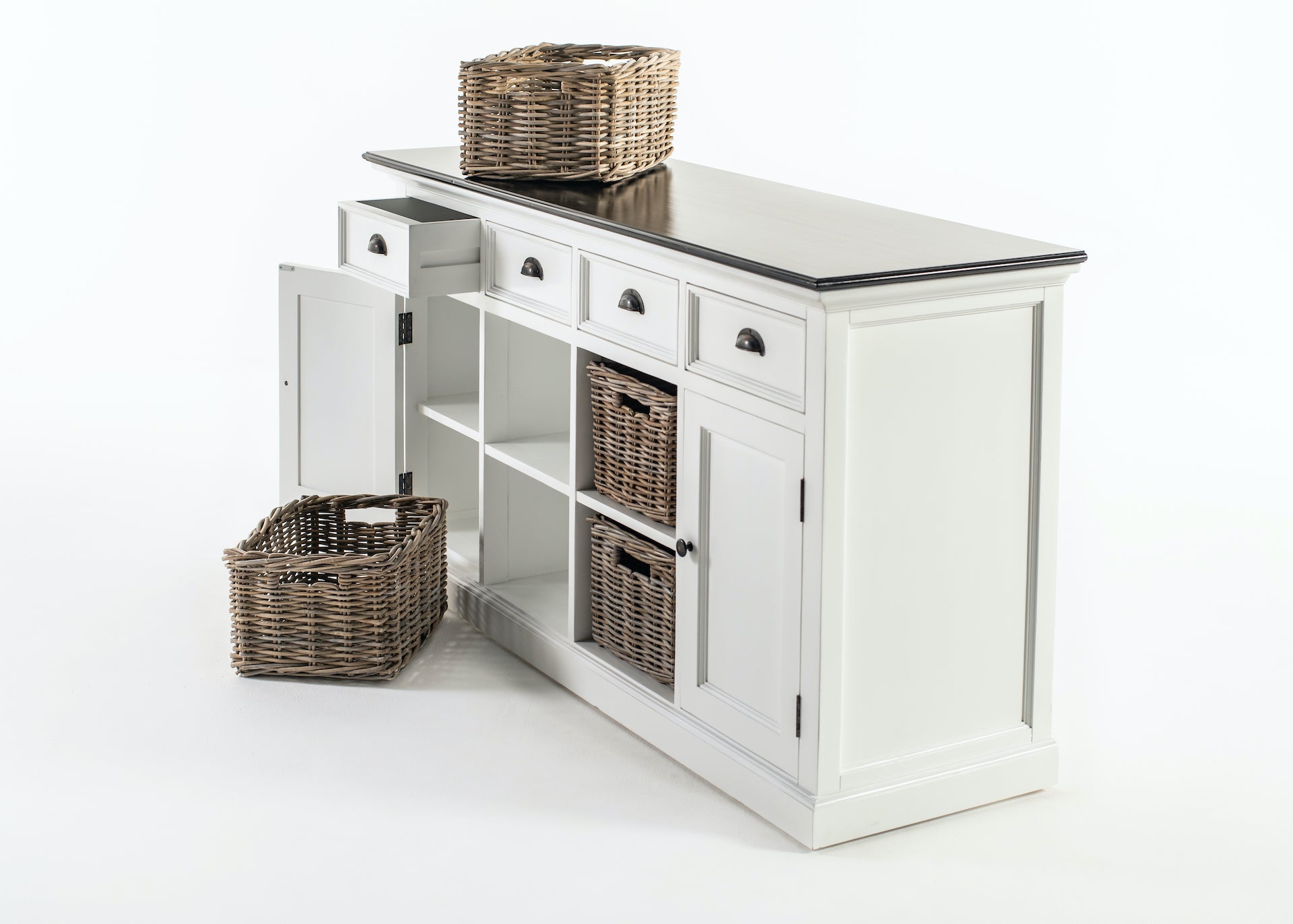 Close-up of the black timber top, white drawer fronts and rattan baskets on the Halifax Contrast Buffet.