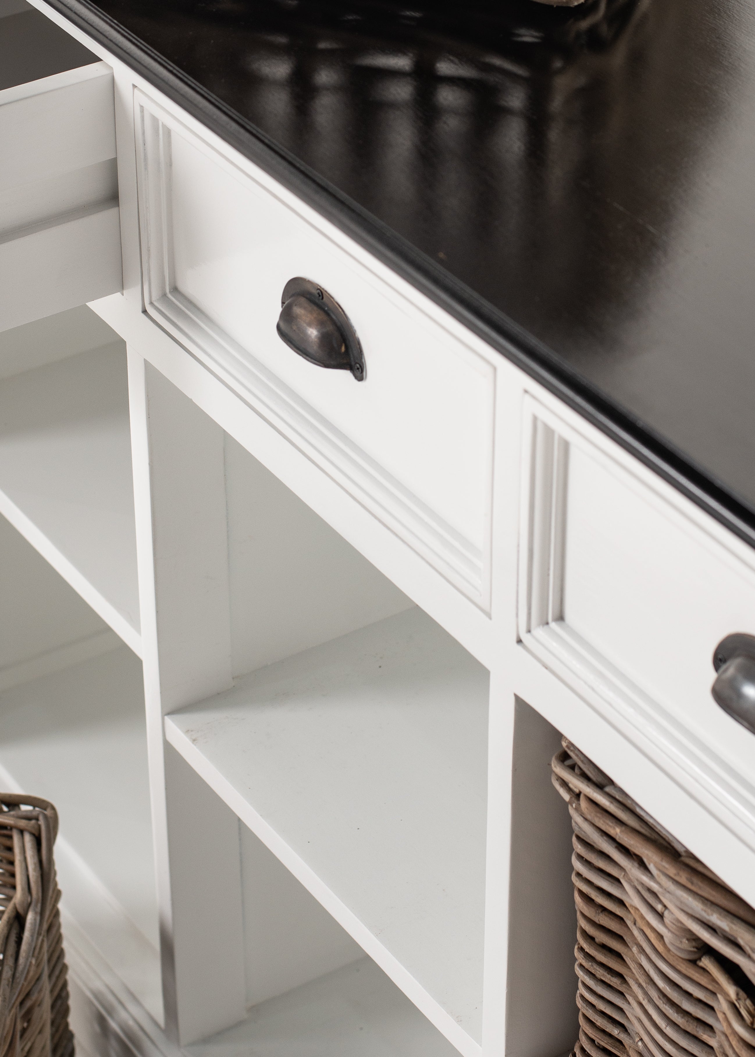 Angled product view of the Halifax Contrast Buffet with open doors, open drawers, shelving and rattan basket storage.