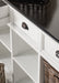 Angled product view of the Halifax Contrast Buffet with open doors, open drawers, shelving and rattan basket storage.