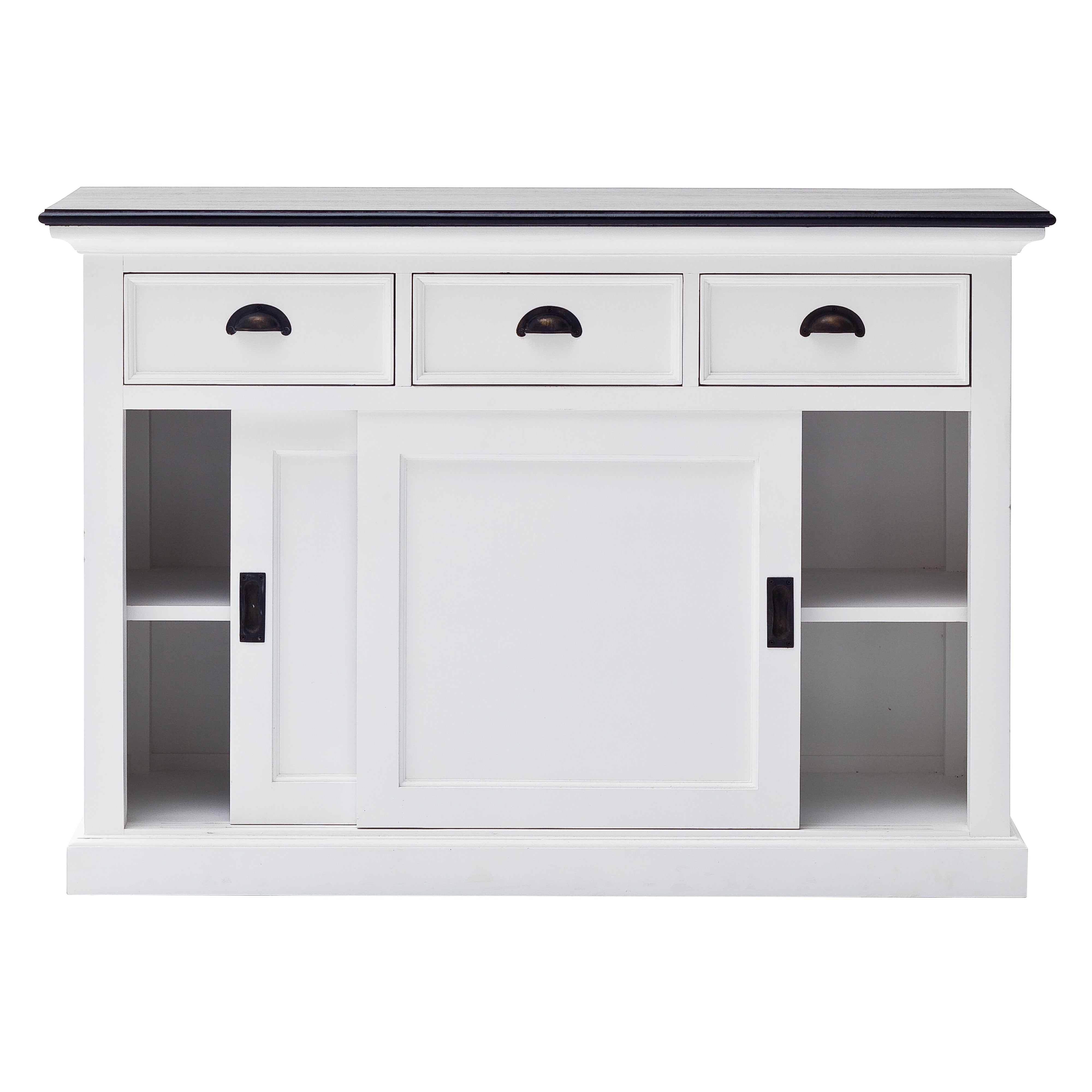 Front view of the Halifax Contrast Buffet with Sliding Doors, showing the sliding doors open to reveal side storage compartments.