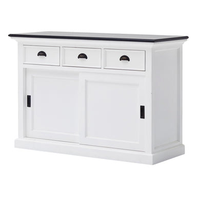 Angled front view of the Halifax Contrast Buffet with Sliding Doors, showing the white painted body, black timber top, three drawers and sliding door storage.