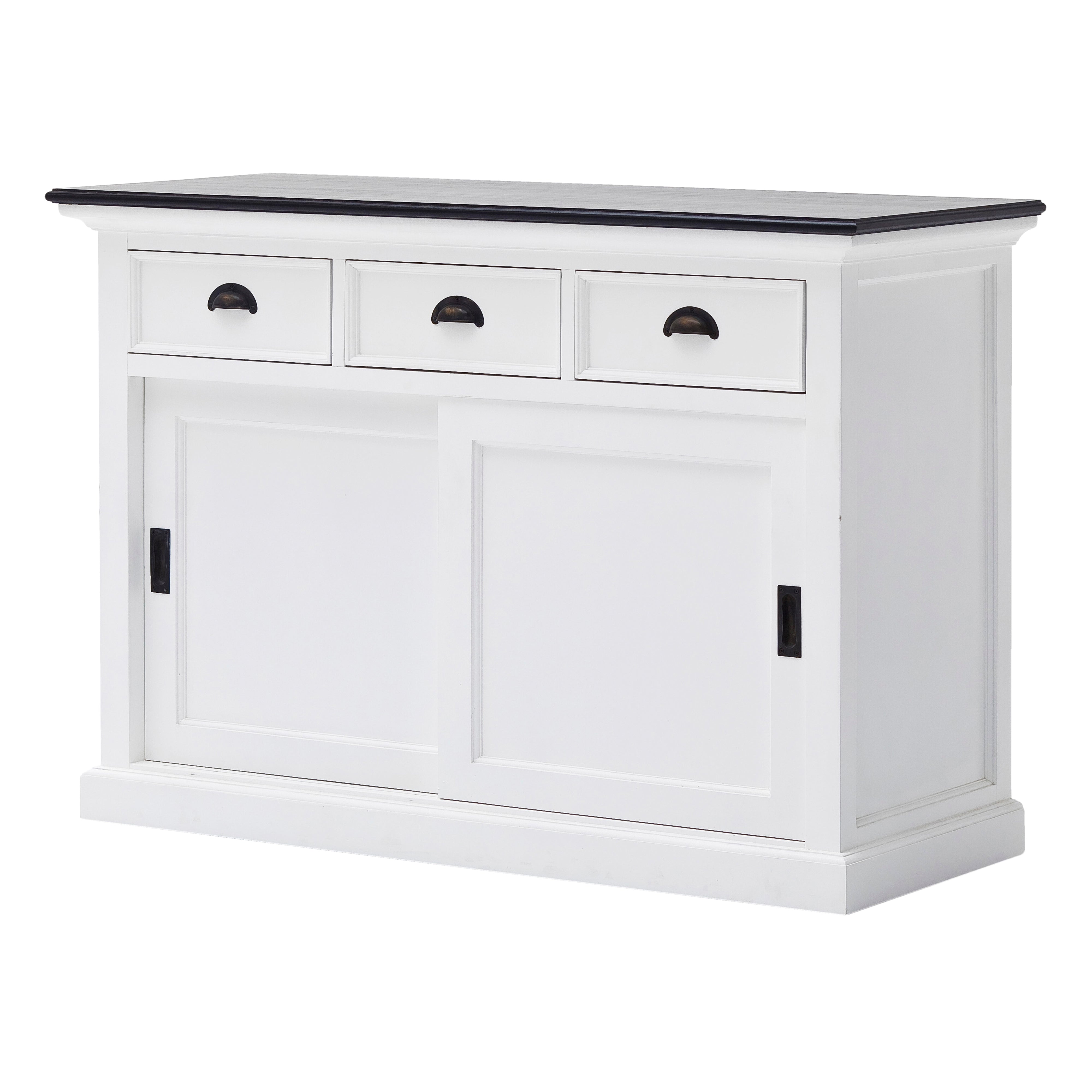 Angled front view of the Halifax Contrast Buffet with Sliding Doors, showing the white painted body, black timber top, three drawers and sliding door storage.
