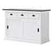 Angled front view of the Halifax Contrast Buffet with Sliding Doors, showing the white painted body, black timber top, three drawers and sliding door storage.