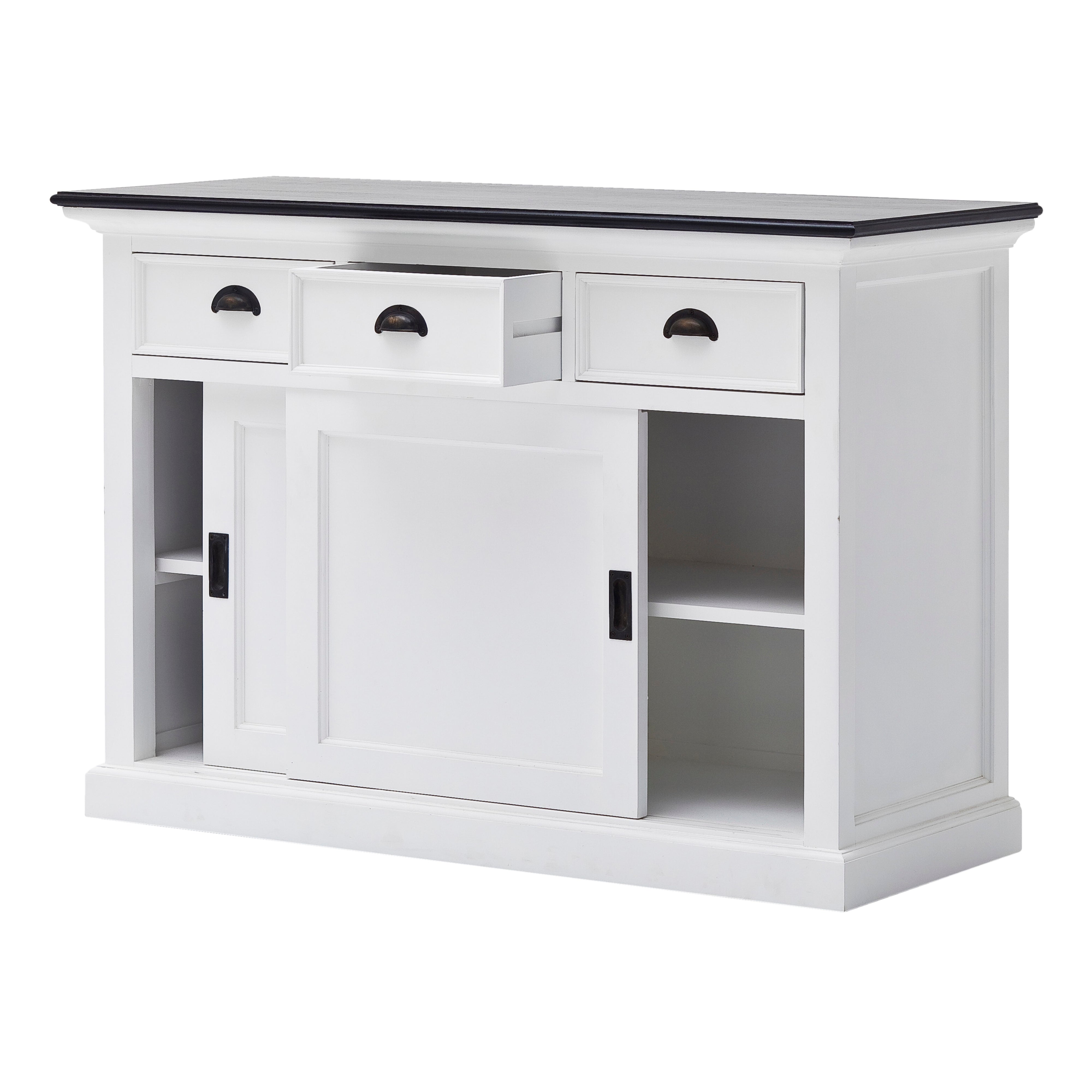 Angled view of the Halifax Contrast Buffet with Sliding Doors, with one drawer open and the sliding doors partly open to reveal internal shelf storage.