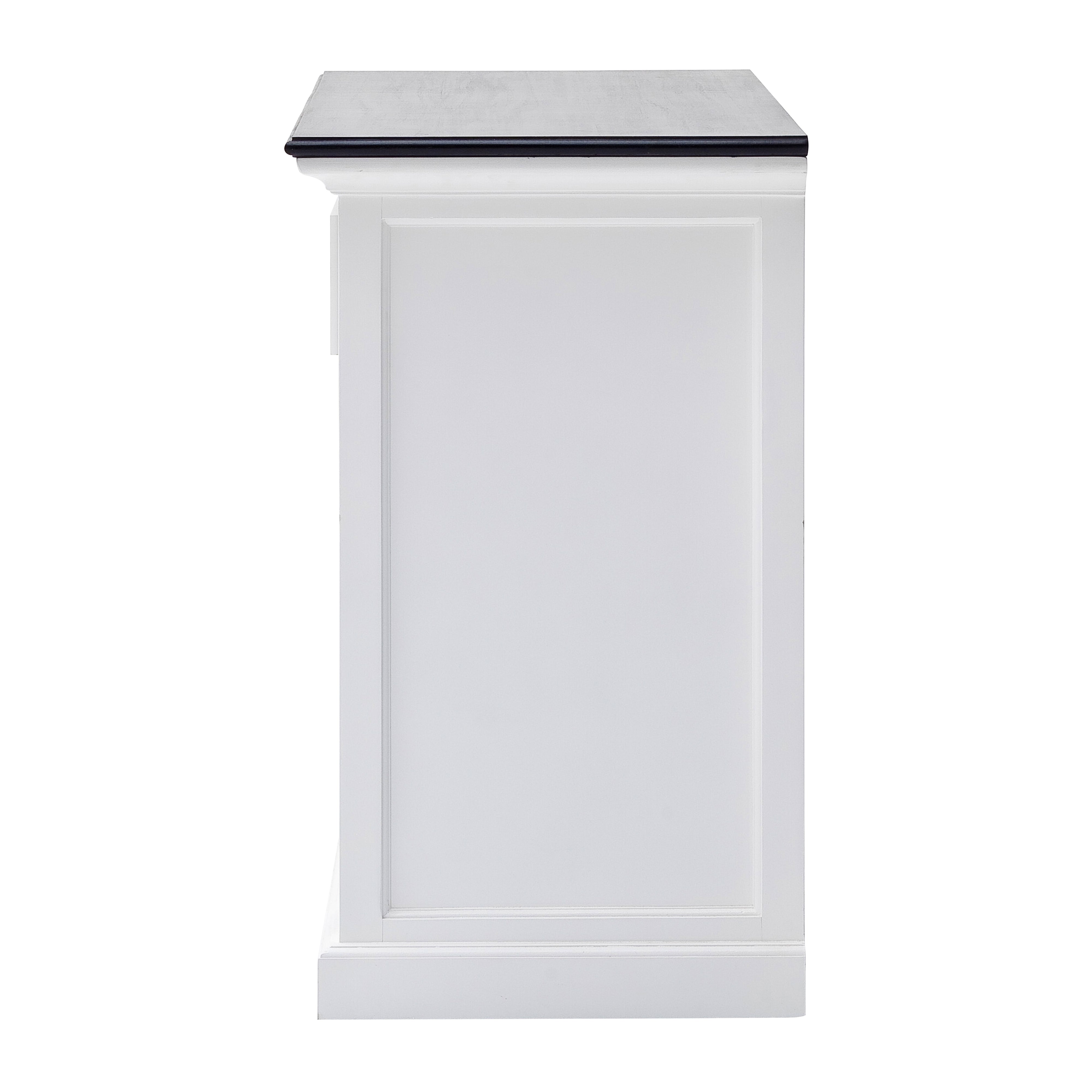 Side view of the Halifax Contrast Buffet with Sliding Doors, showing the white panelled side and black timber top.