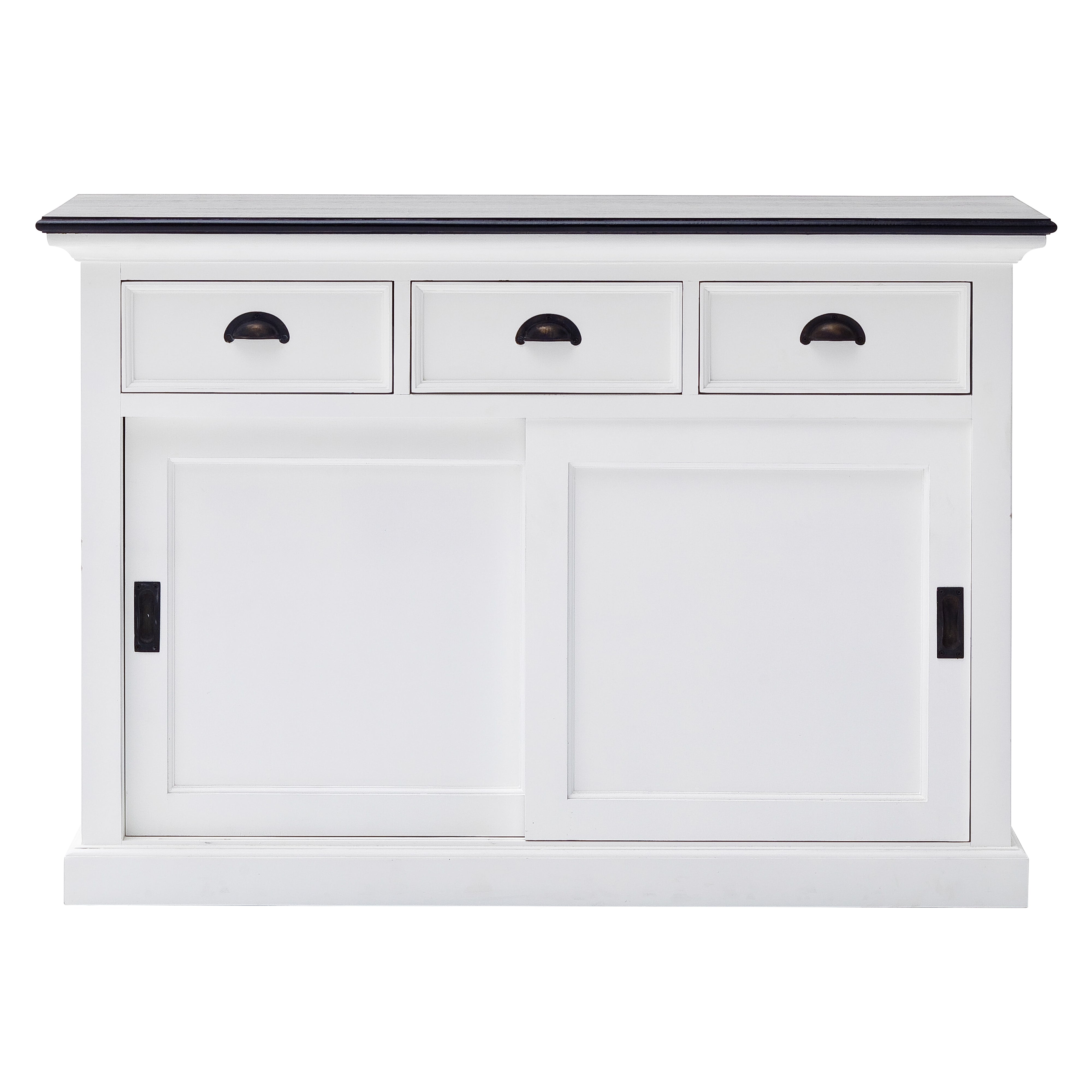Front view of the Halifax Contrast Buffet with Sliding Doors, showing three drawers, two sliding panel doors, a white painted body and black timber top.