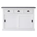 Front view of the Halifax Contrast Buffet with Sliding Doors, showing three drawers, two sliding panel doors, a white painted body and black timber top.