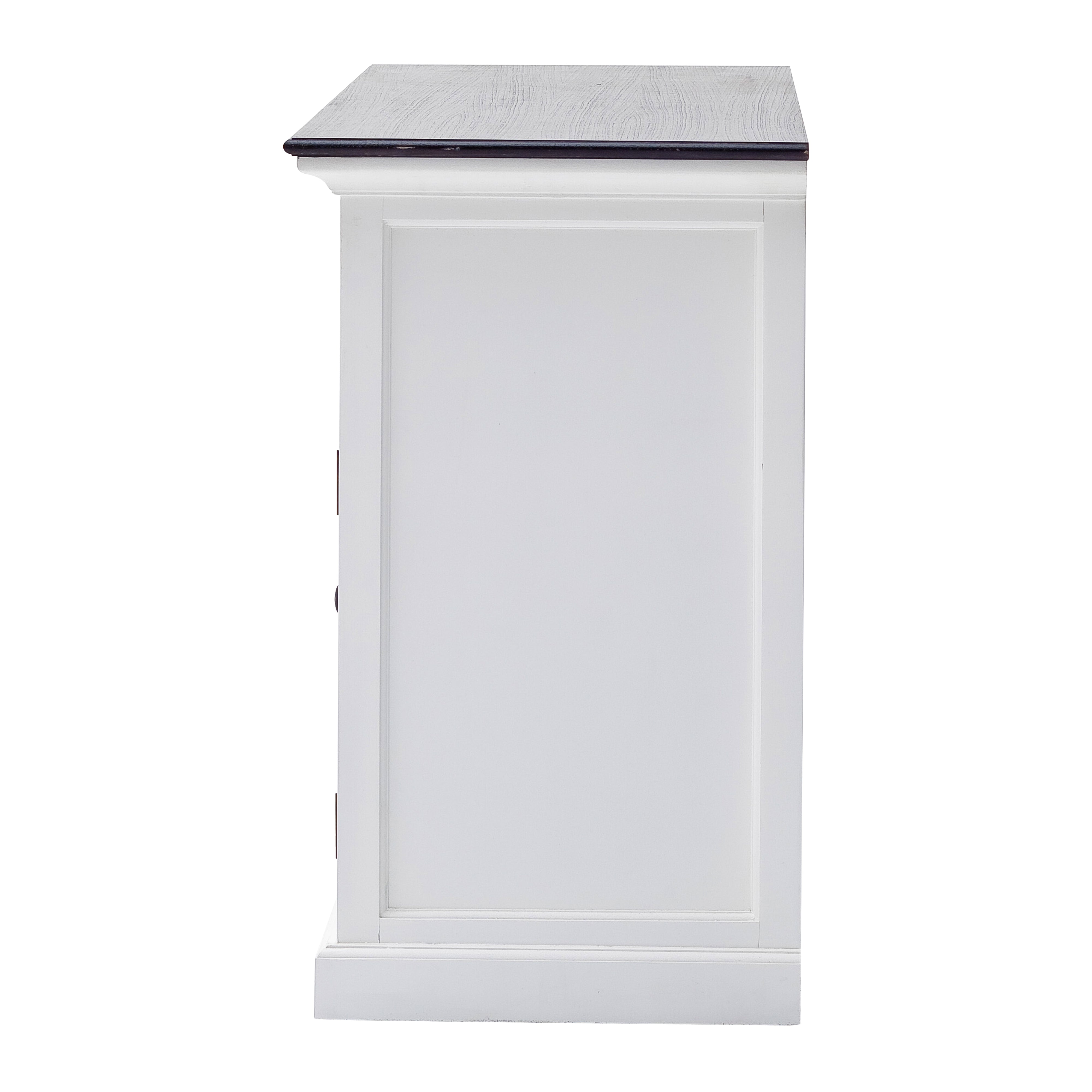 Side view of the Halifax Contrast Classic Buffet showing the white panelled side and black timber top.