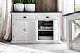 Front view of the Halifax Contrast Classic Buffet with plants on top and one cupboard door open.