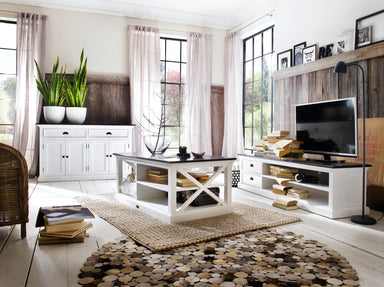 Styled living room featuring the Halifax Contrast Classic Buffet, coffee table and entertainment unit in white with black timber tops.