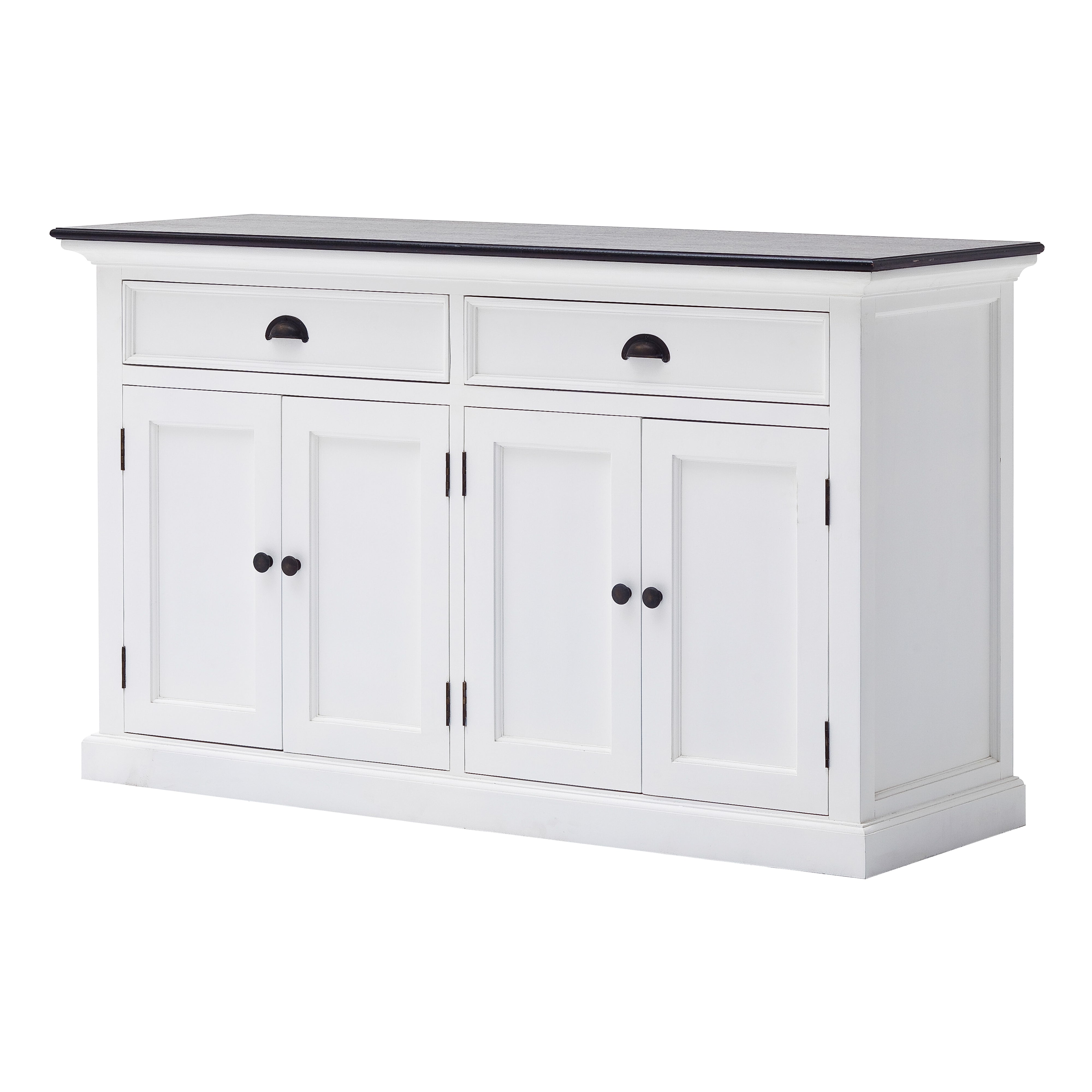 Angled front view of the Halifax Contrast Classic Buffet with two drawers, four cupboard doors and black timber top.