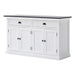Angled front view of the Halifax Contrast Classic Buffet with two drawers, four cupboard doors and black timber top.