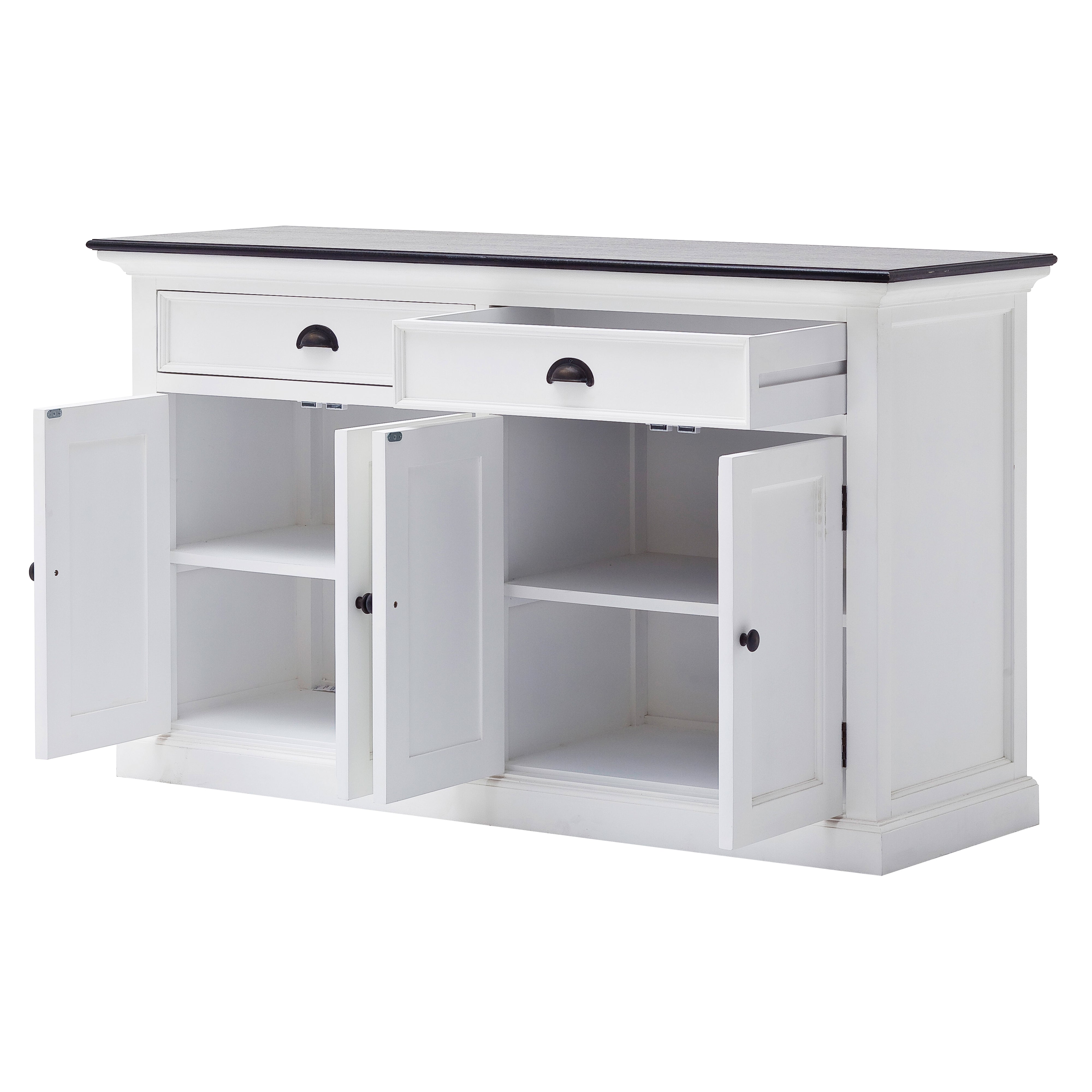 Halifax Contrast Classic Buffet with doors open and drawer extended, showing internal shelving.