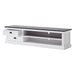 Angled front view of the Halifax Contrast Large Entertainment Unit with one drawer open and open media shelves.