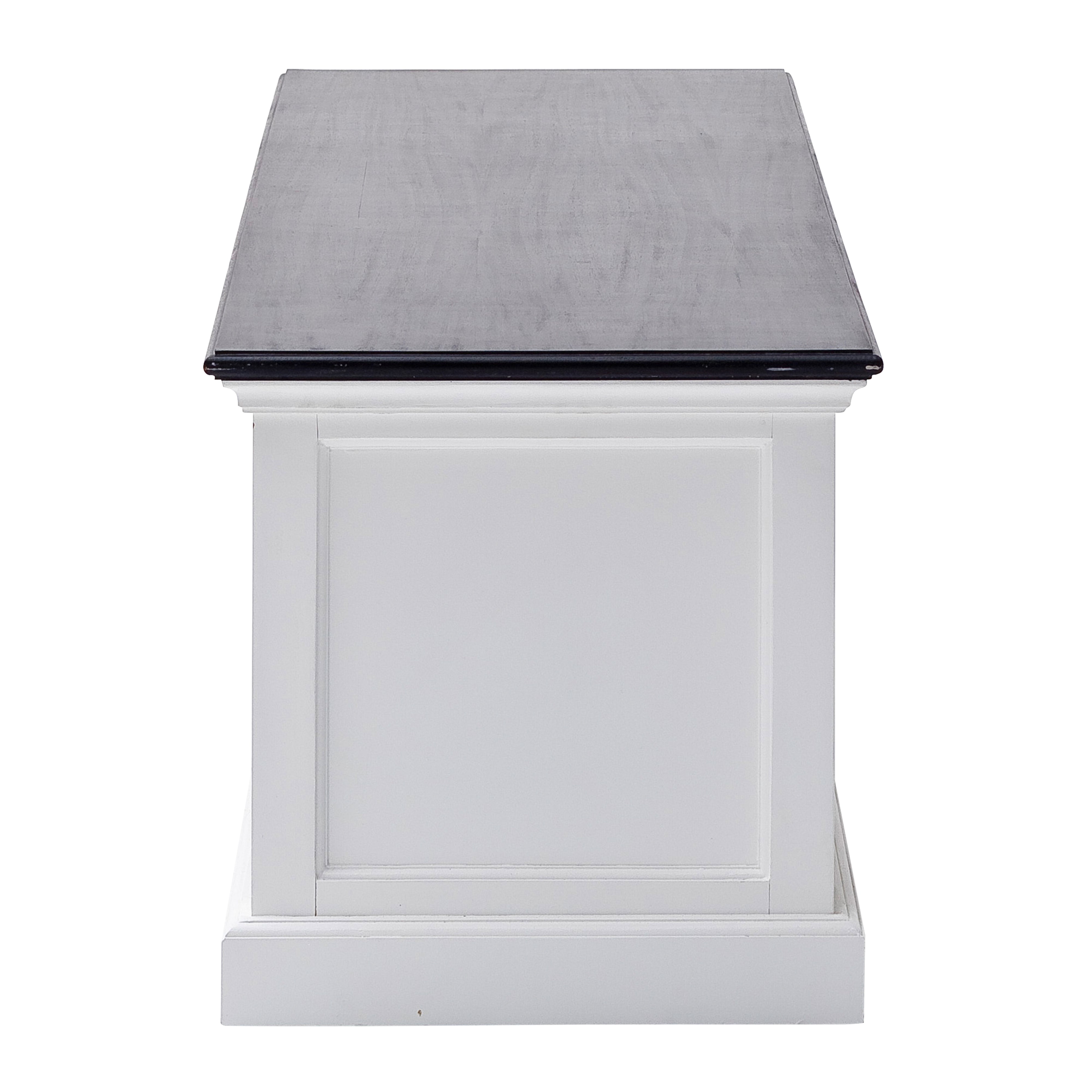 Side view of the Halifax Contrast Large Entertainment Unit showing the white panelled side and dark timber top.