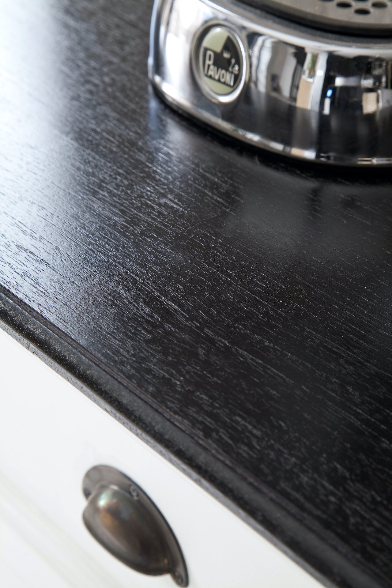 Close-up of the dark timber top on the Halifax Contrast Large Entertainment Unit showing the visible wood grain finish.