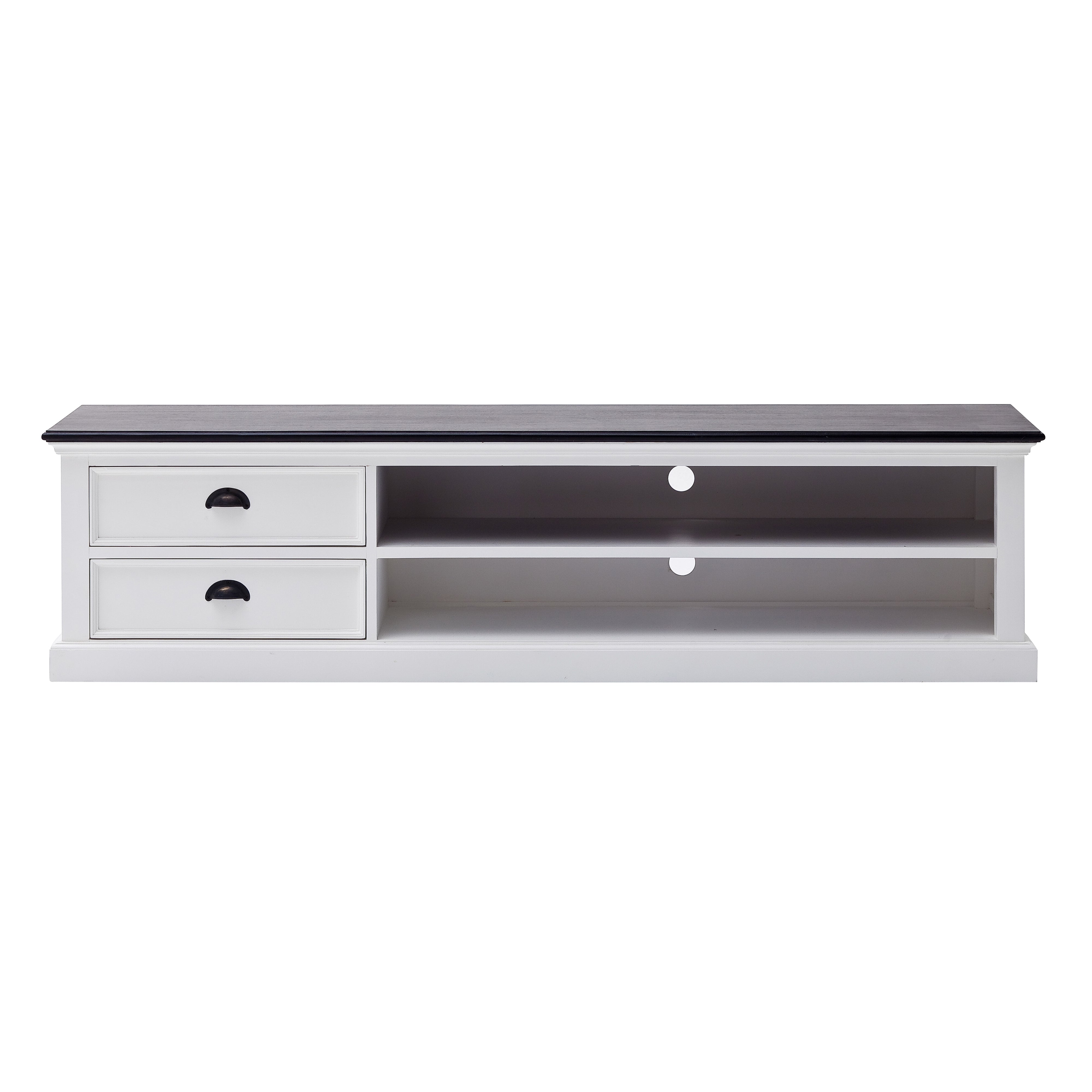 Front view of the Halifax Contrast Large Entertainment Unit with two drawers, open shelves and cable management holes.