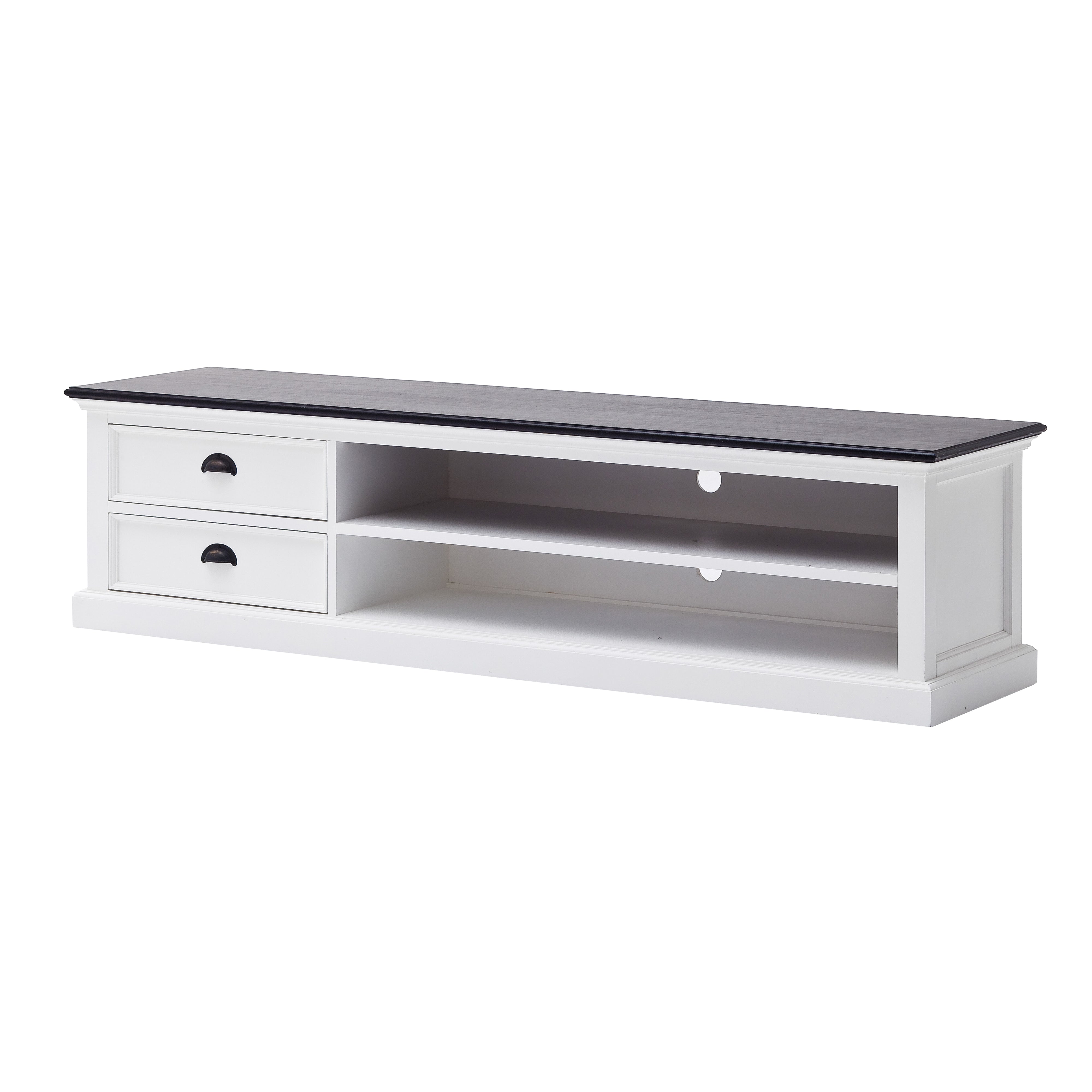 Angled product view of the Halifax Contrast Large Entertainment Unit with two drawers, open shelving and a dark timber top.