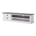 Angled product view of the Halifax Contrast Large Entertainment Unit with two drawers, open shelving and a dark timber top.