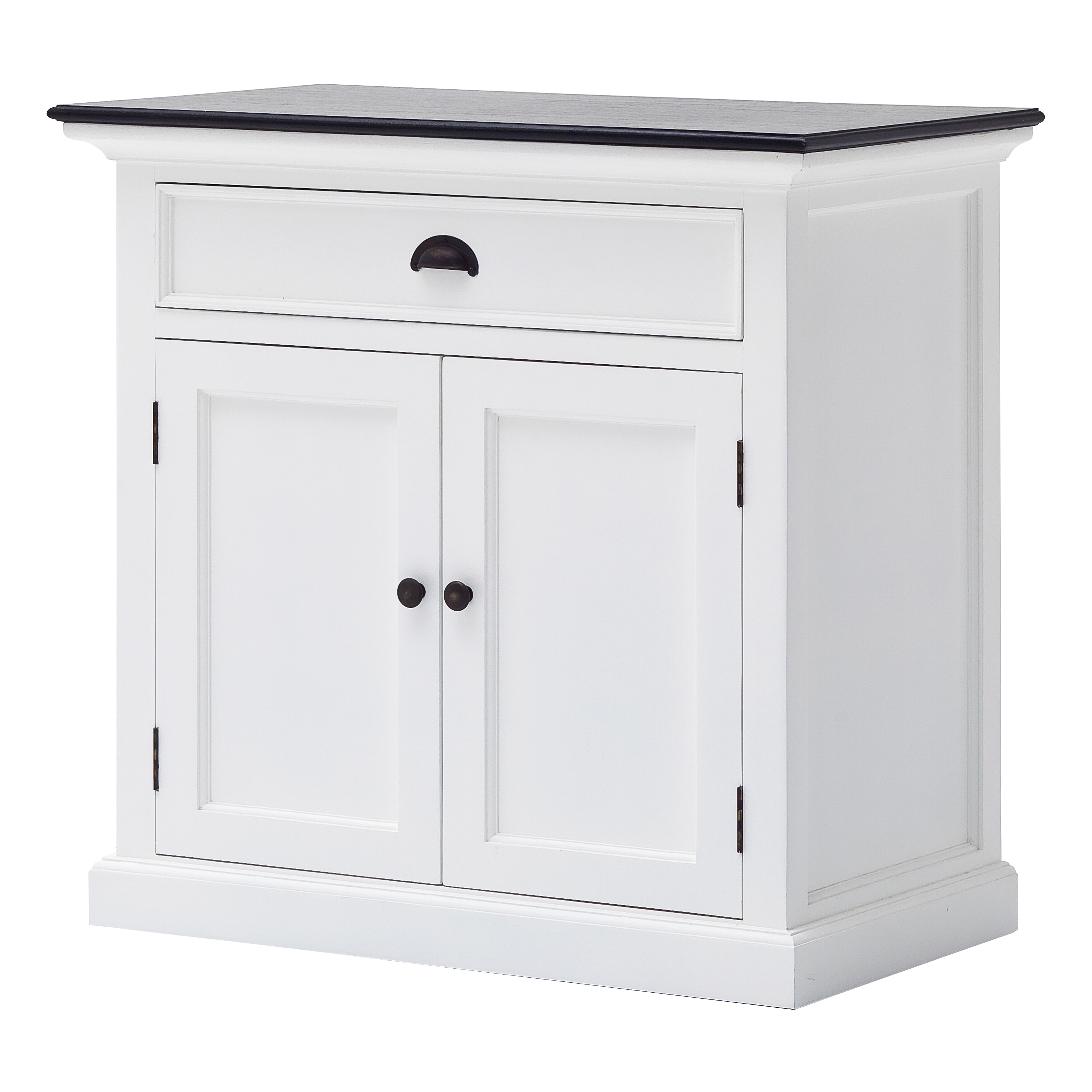 Angled front view of the Halifax Contrast Small Buffet showing the white frame, black timber top, drawer and double cupboard doors.
