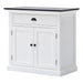 Angled front view of the Halifax Contrast Small Buffet showing the white frame, black timber top, drawer and double cupboard doors.
