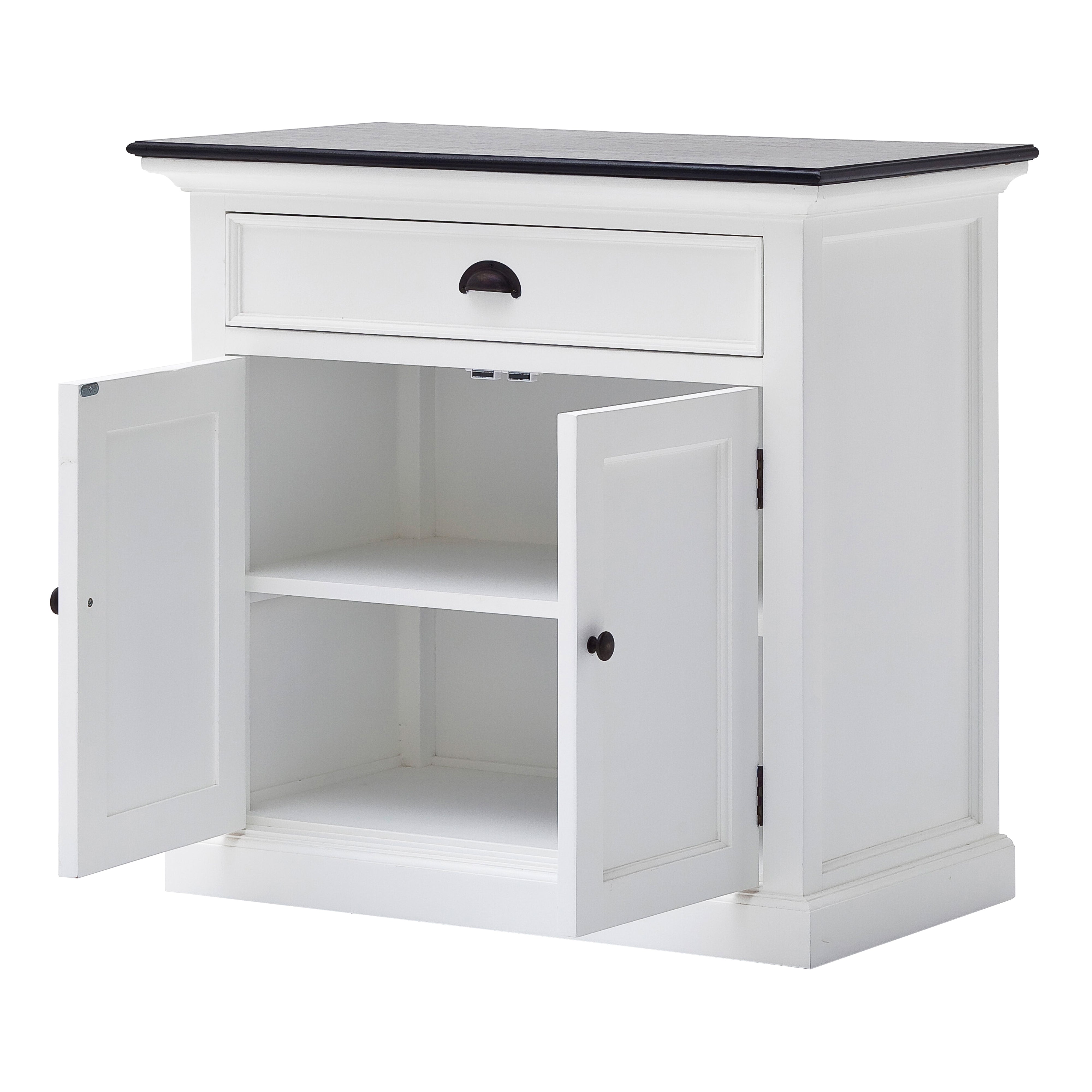 Halifax Contrast Small Buffet shown with both doors open, revealing the interior shelf and storage space.