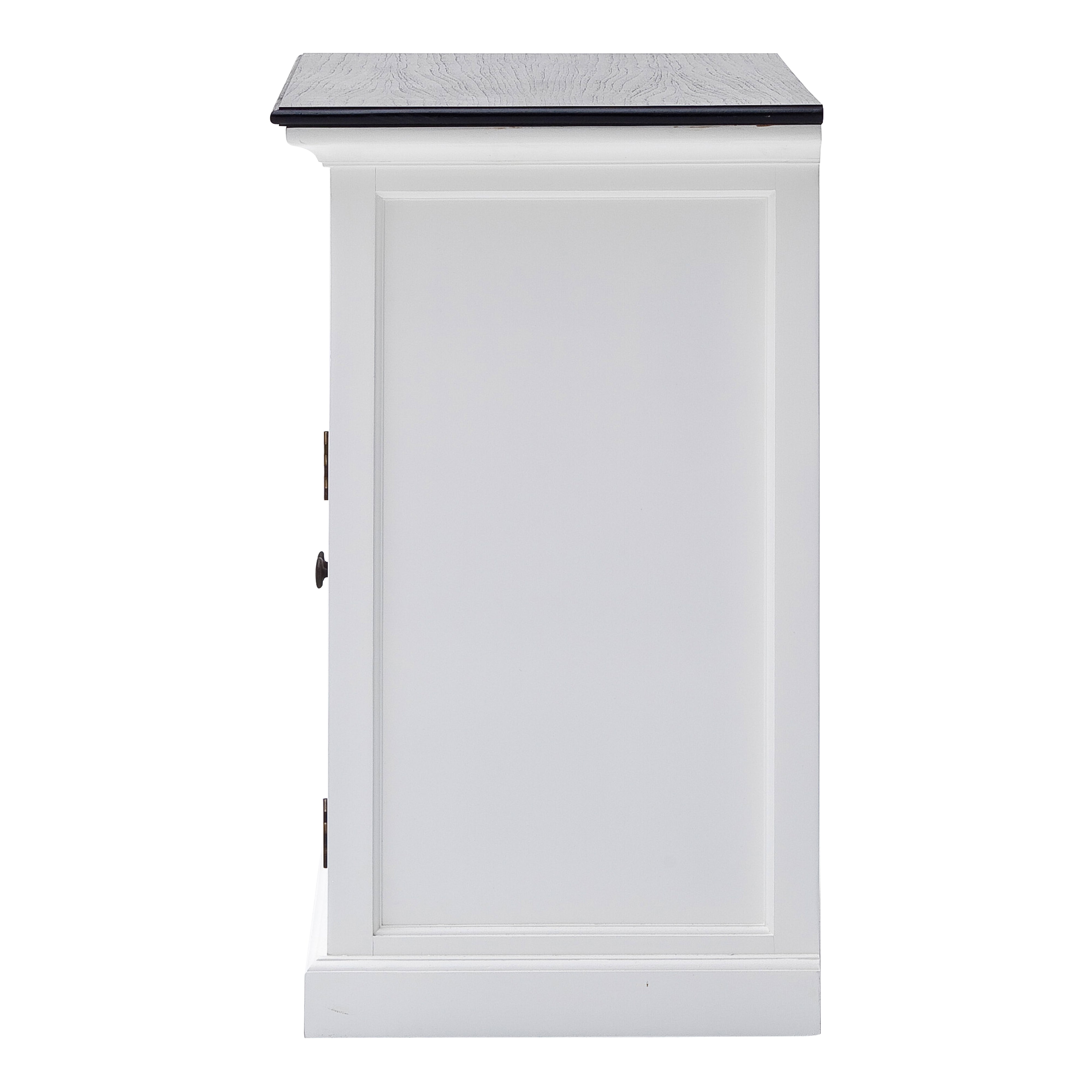 Side view of the Halifax Contrast Small Buffet showing the white panelled side, black timber top and classic moulded profile.