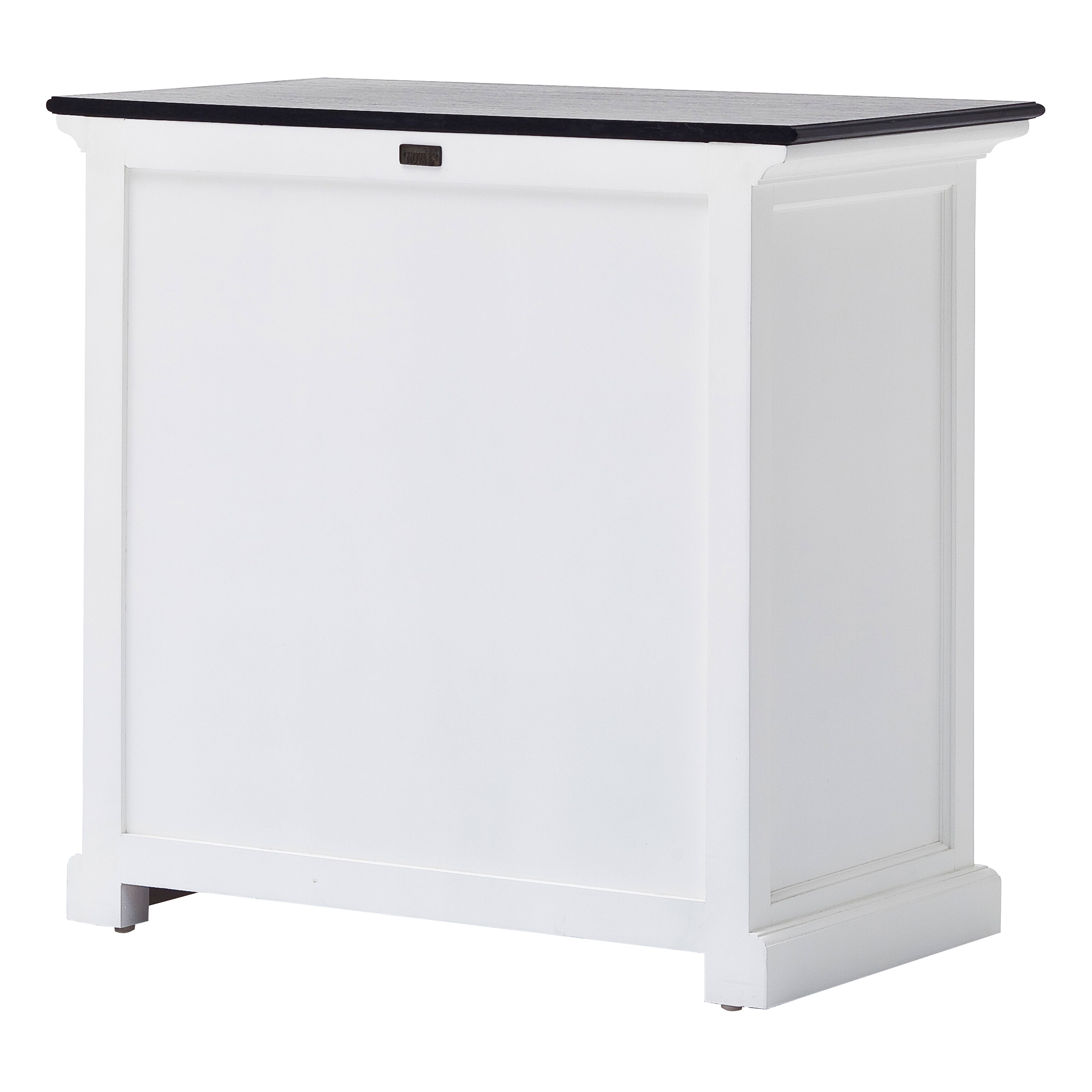 Rear angle of the Halifax Contrast Small Buffet showing the white back panel, black top and panelled side detailing.