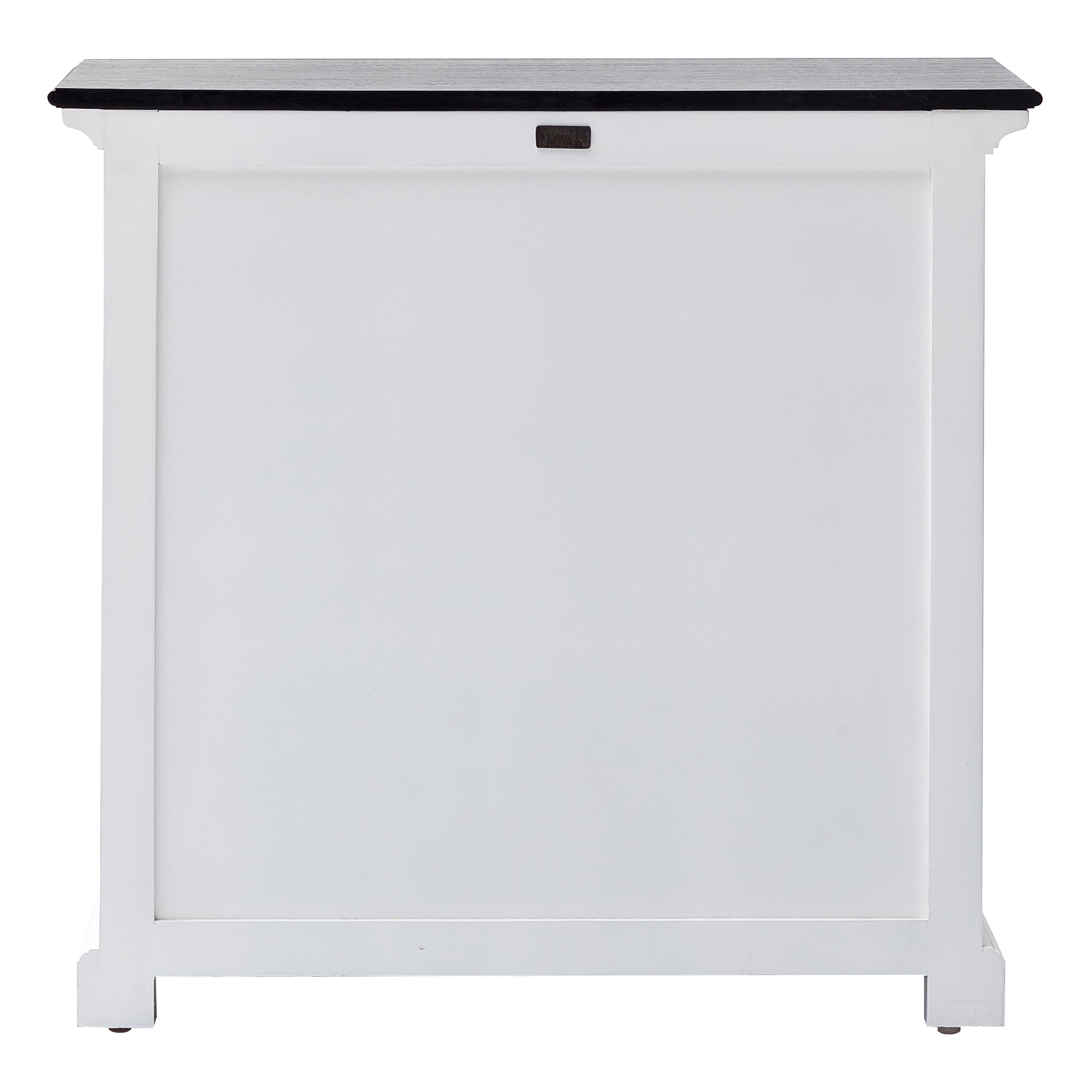 Rear view of the Halifax Contrast Small Buffet showing the white back panel, black timber top and raised base.