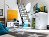 Halifax Contrast Small Buffet shown in a modern living room with the cupboard doors open, revealing internal shelf storage.