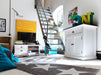 Lifestyle image of the Halifax Contrast Small Buffet in a bright living space, styled with a black timber top, white frame and matching entertainment unit.