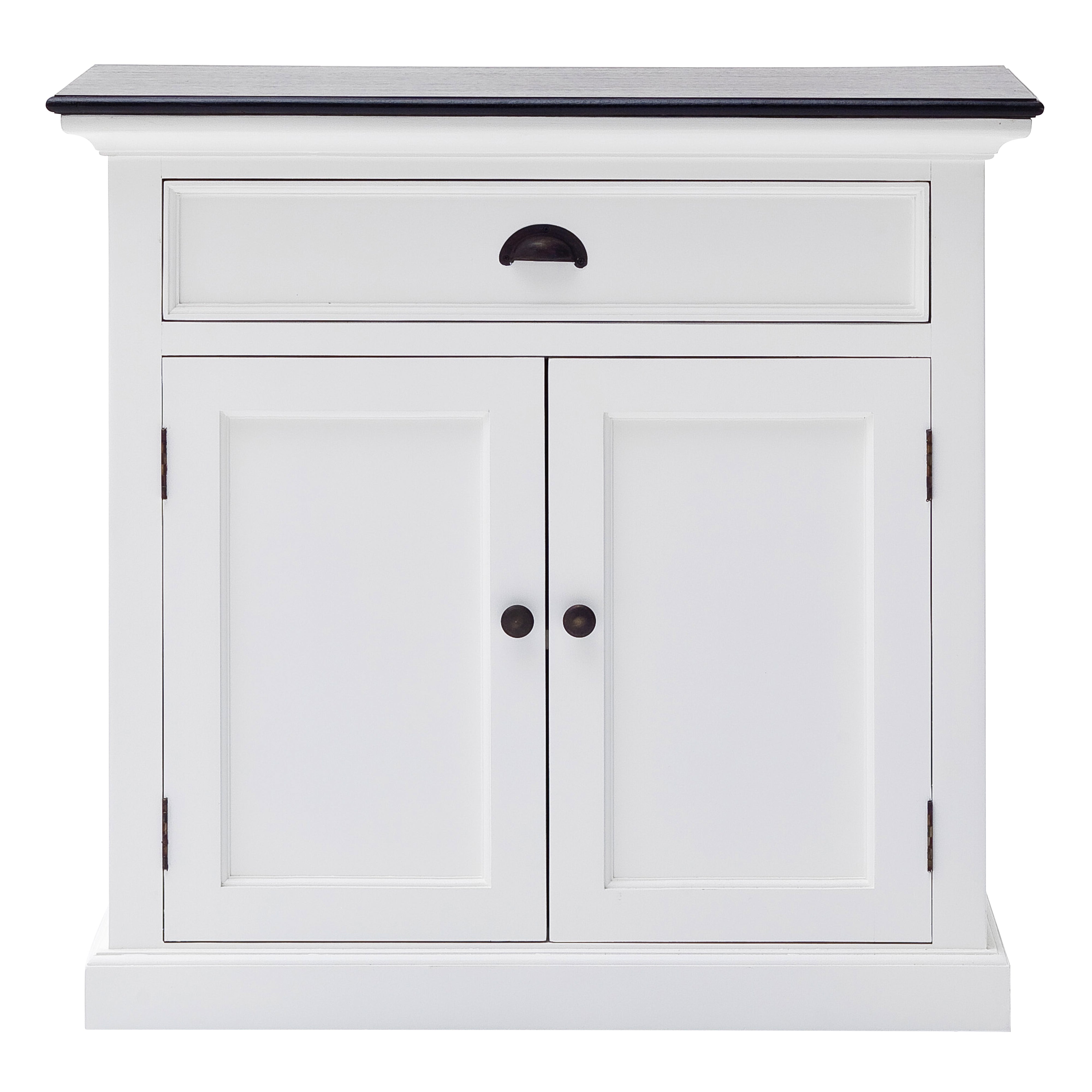 Front view of the Halifax Contrast Small Buffet with a single drawer, double cupboard doors, black timber top and white painted finish.