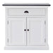 Front view of the Halifax Contrast Small Buffet with a single drawer, double cupboard doors, black timber top and white painted finish.