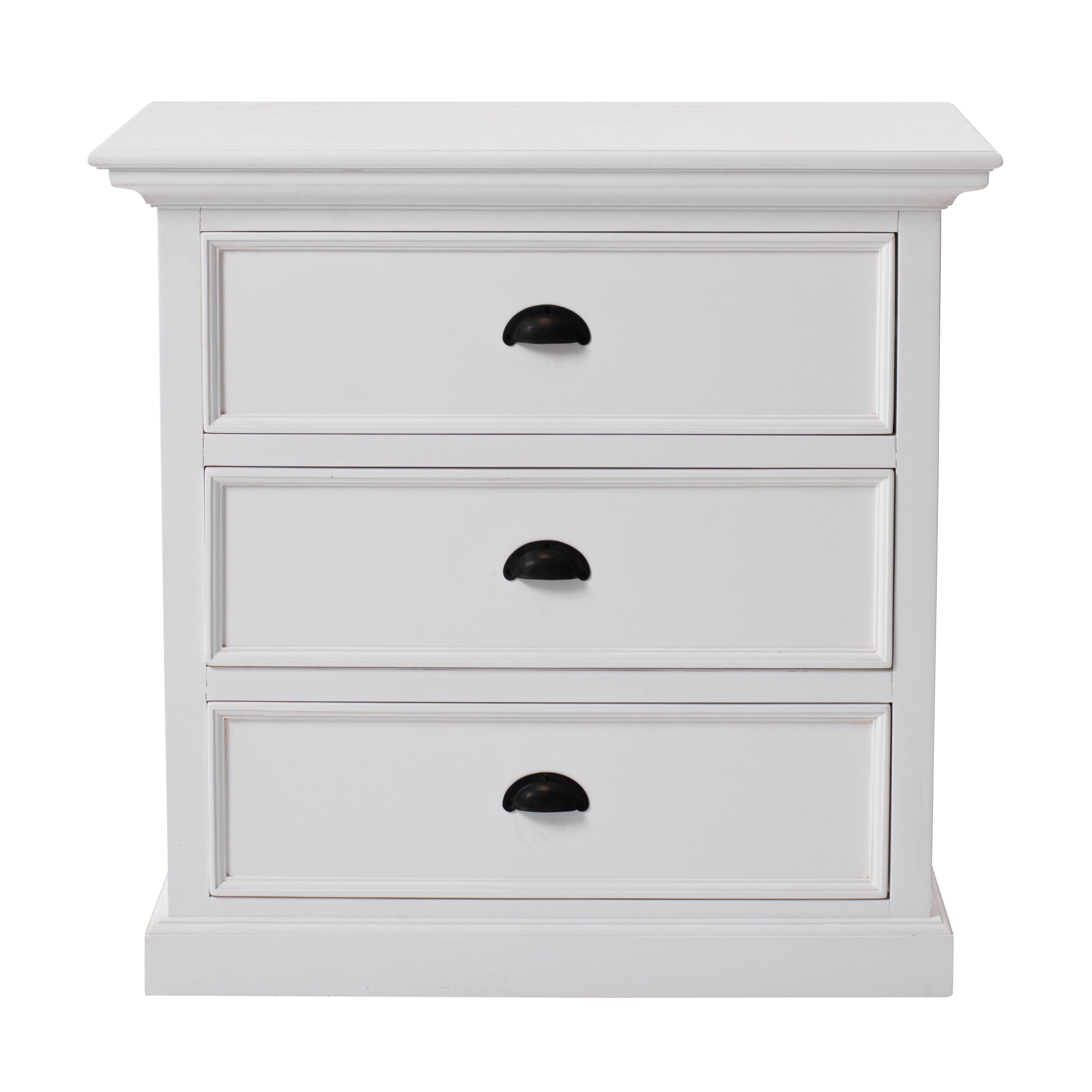 Front view of the Halifax Grand Bedside Drawer Unit with three stacked drawers, black cup handles and a white painted finish.
