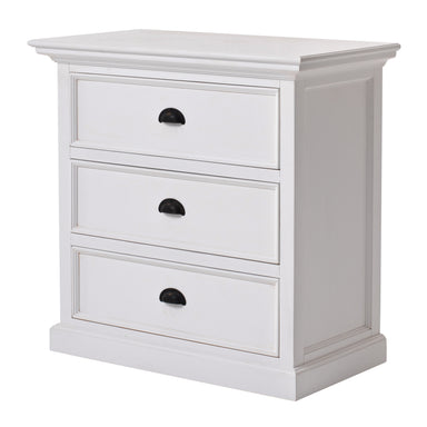 Angled product view of the Halifax Grand Bedside Drawer Unit featuring three white drawers, black cup handles and a classic moulded base.