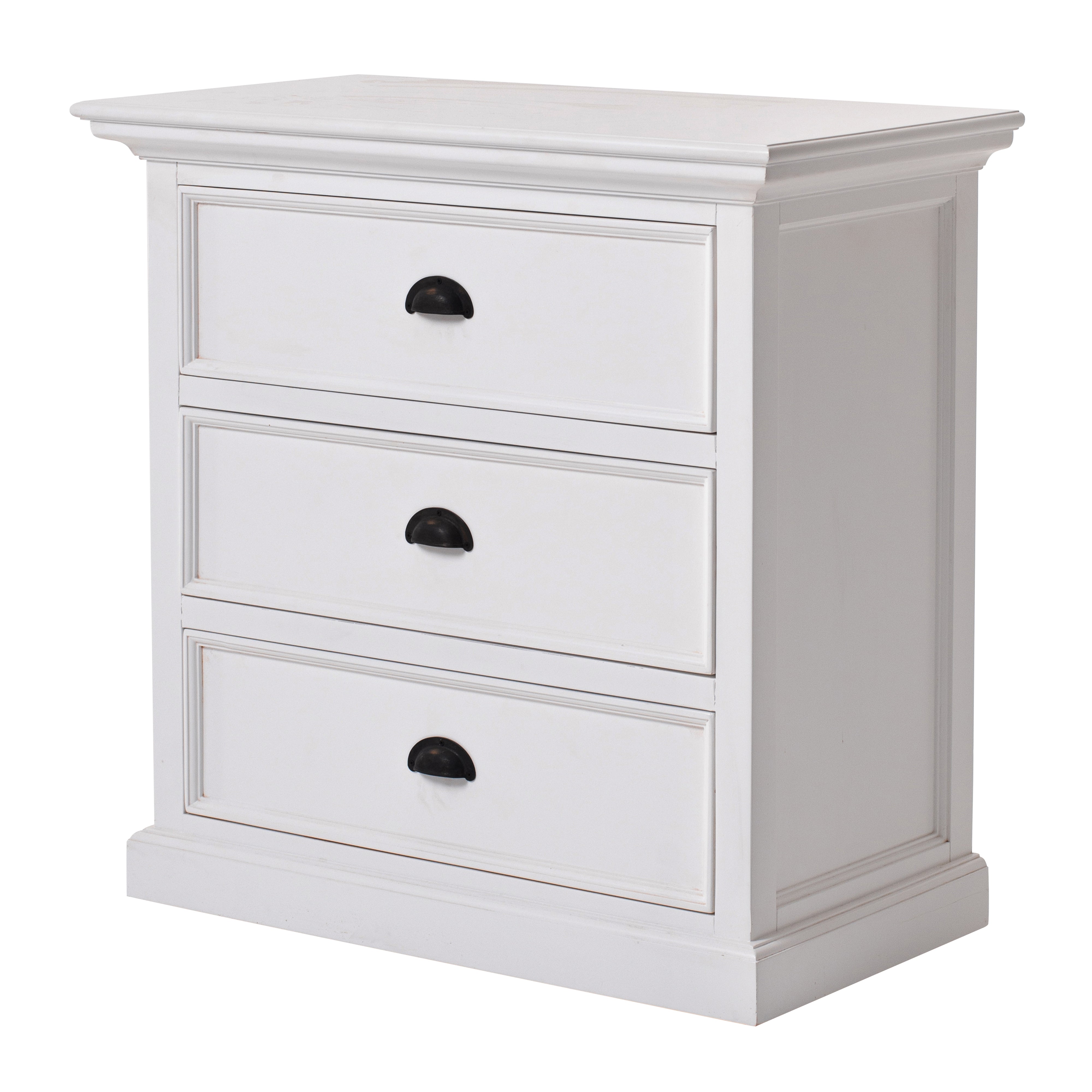 Angled product view of the Halifax Grand Bedside Drawer Unit featuring three white drawers, black cup handles and a classic moulded base.