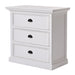 Angled product view of the Halifax Grand Bedside Drawer Unit featuring three white drawers, black cup handles and a classic moulded base.
