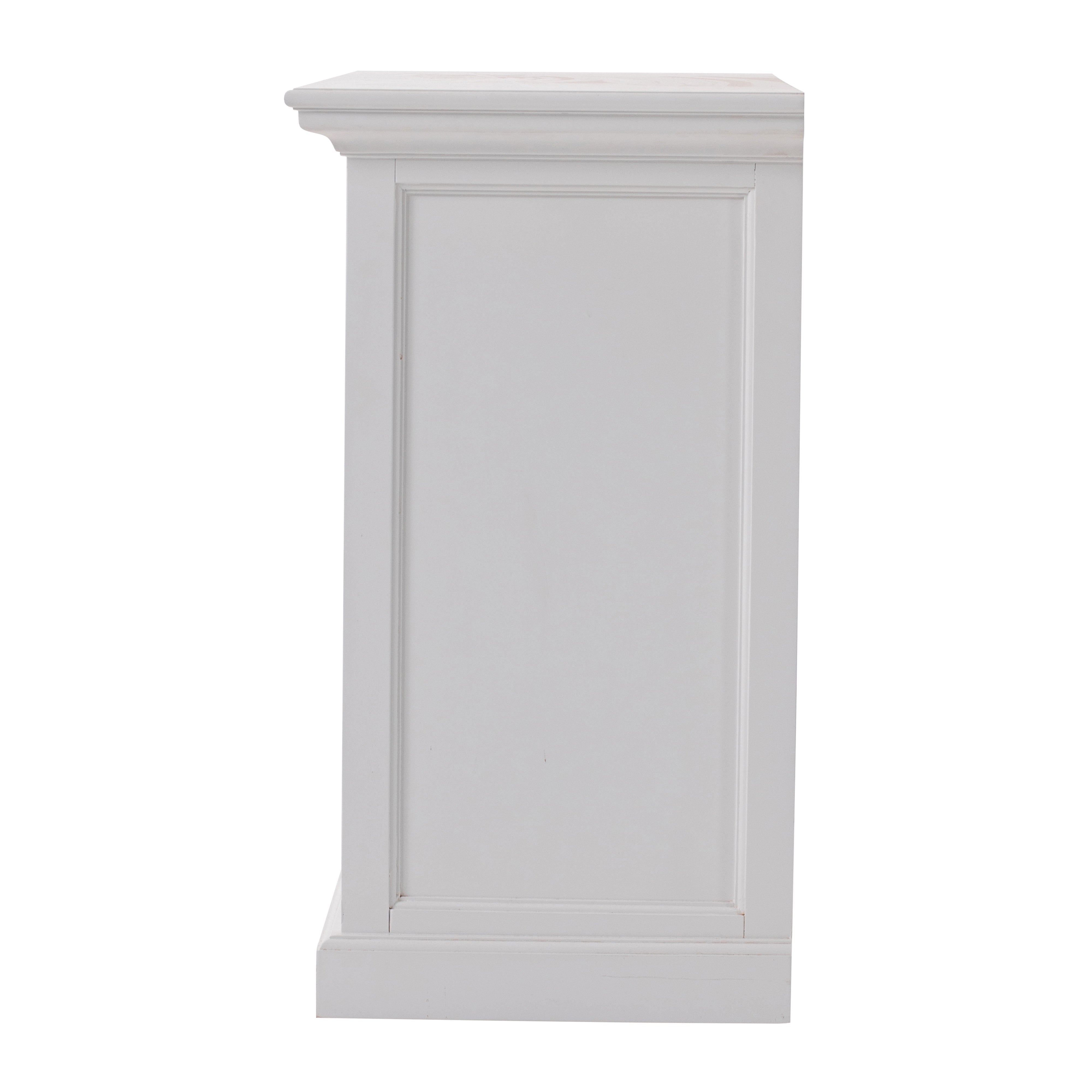 Side view of the Halifax Grand Bedside Drawer Unit showing the white painted panelled side and moulded plinth base.