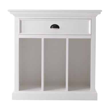 Front view of the Halifax Grand Bedside Table with Dividers featuring one drawer, black cup handle and three open divider compartments.