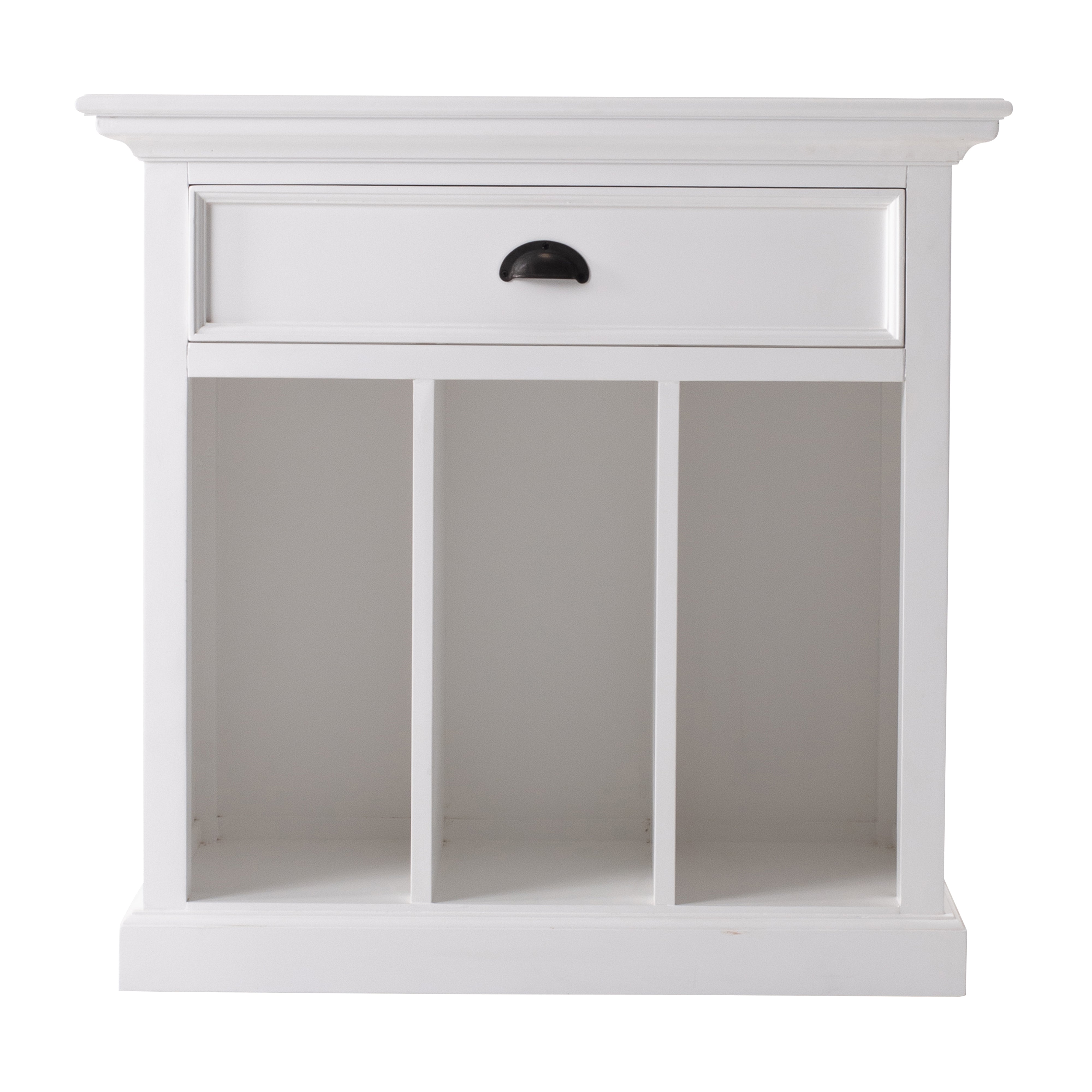 Front view of the Halifax Grand Bedside Table with Dividers featuring one drawer, black cup handle and three open divider compartments.