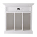 Front view of the Halifax Grand Bedside Table with Dividers featuring one drawer, black cup handle and three open divider compartments.
