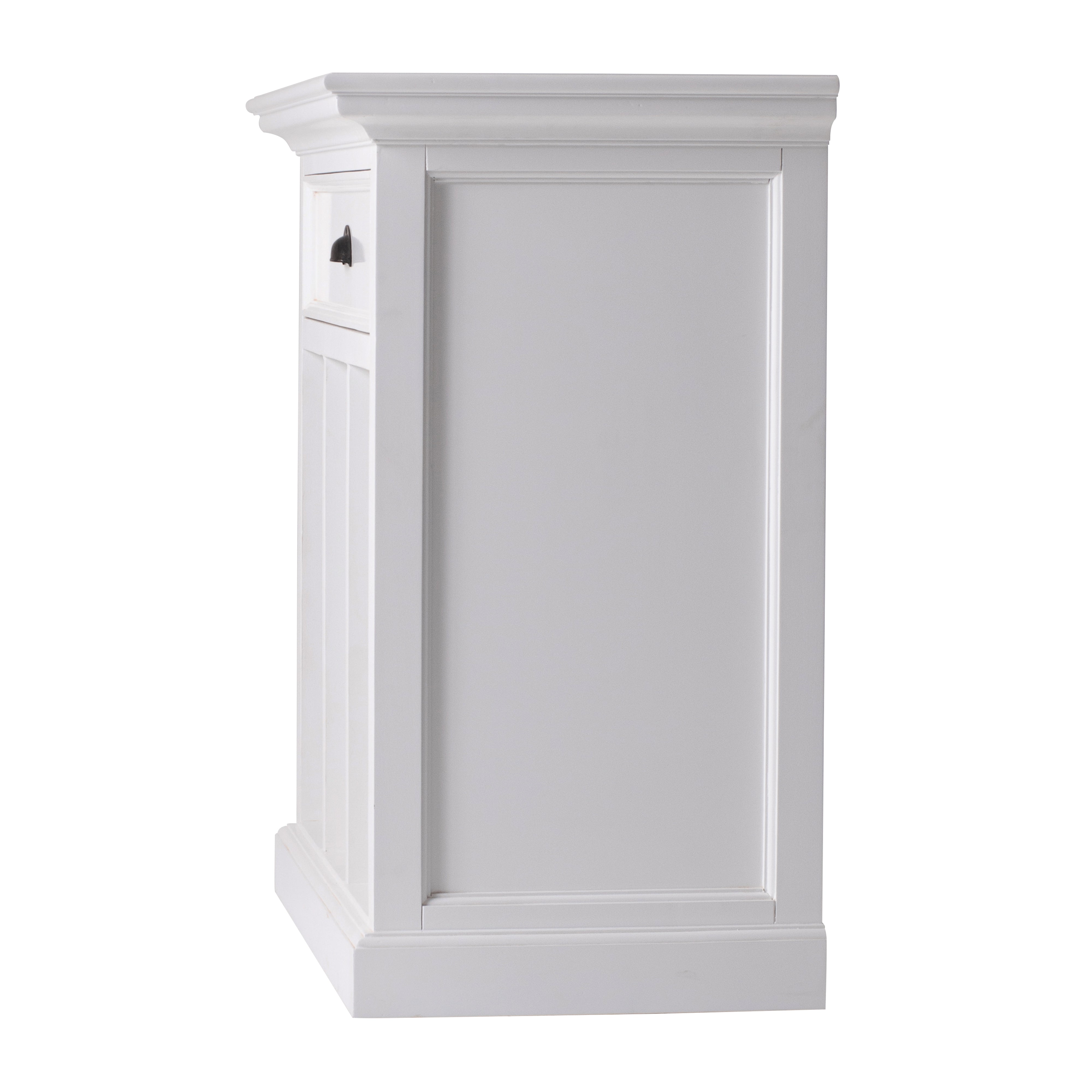 Side view of the Halifax Grand Bedside Table with Dividers showing the white painted panelled side and classic moulded base.